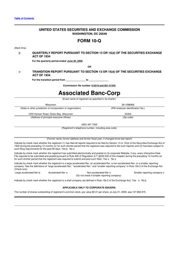 Thumbnail Associated Banc-Corp
 10-Q Quarterly Report FY 