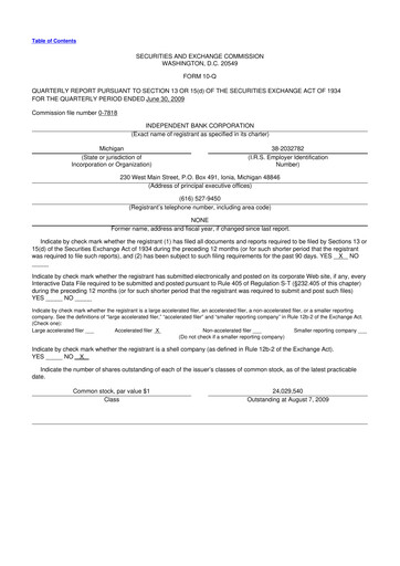 Thumbnail Independent Bank Corporation 10-Q Quarterly Report FY 