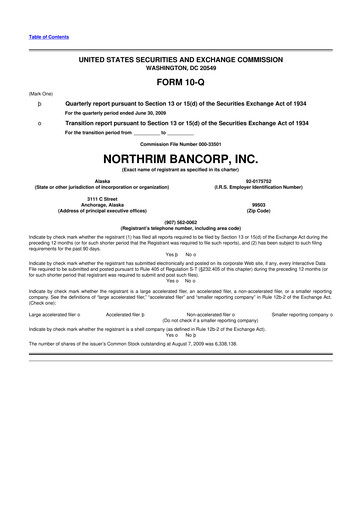 Thumbnail Northrim BanCorp 10-Q Quarterly Report FY 