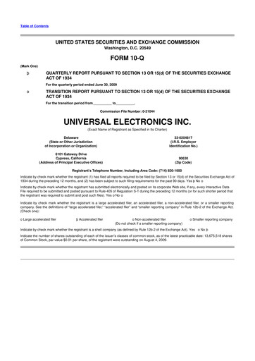 Thumbnail Universal Electronics 10-Q Quarterly Report FY 