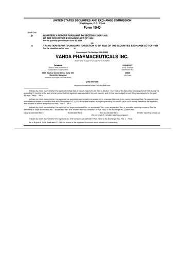 Miniature Vanda Pharmaceuticals 10-Q Rapport trimestriel  