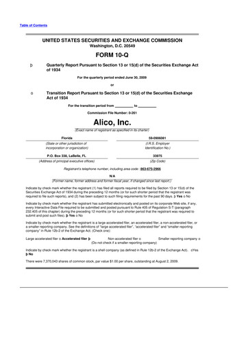 Thumbnail Alico
 10-Q Quarterly Report FY 