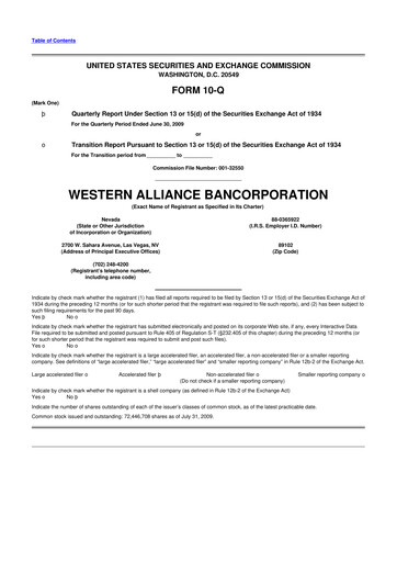 Thumbnail Western Alliance Bancorporation
 10-Q Quarterly Report FY 