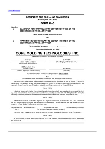 Miniature Core Molding Technologies 10-Q Rapport trimestriel  