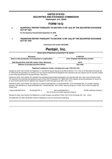 Thumbnail Pentair
 10-Q Quarterly Report FY 