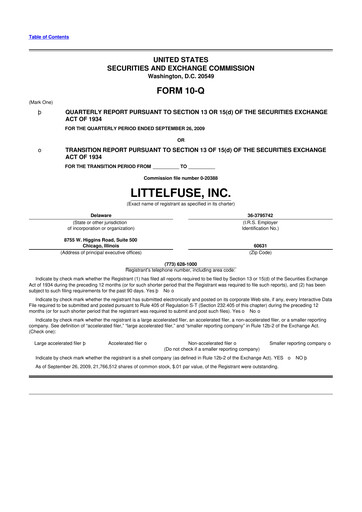 Miniature Littelfuse 10-Q Rapport trimestriel  