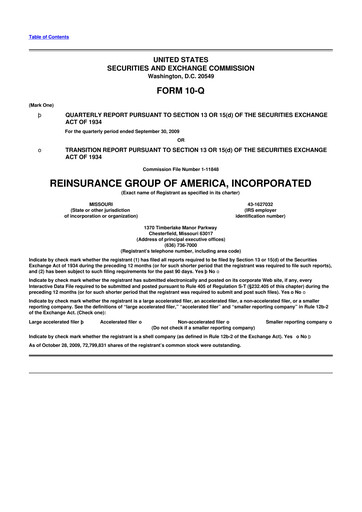 Miniature Reinsurance Group of America
 10-Q Rapport trimestriel  