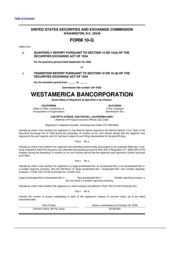 Thumbnail Westamerica Bancorporation
 10-Q Quarterly Report FY 