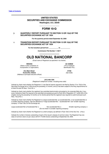 Thumbnail Old National Bank
 10-Q Quarterly Report FY 