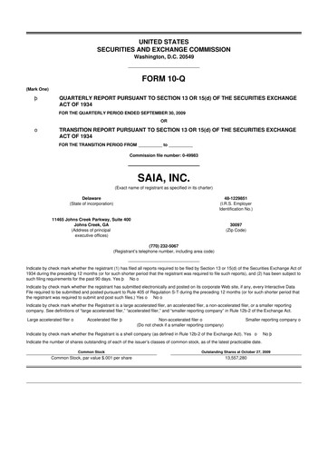 Thumbnail Saia
 10-Q Quarterly Report FY 