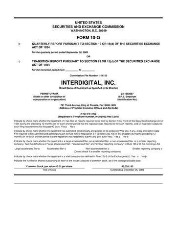 Miniature InterDigital
 10-Q Rapport trimestriel  