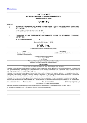 Miniature NVR 10-Q Rapport trimestriel  