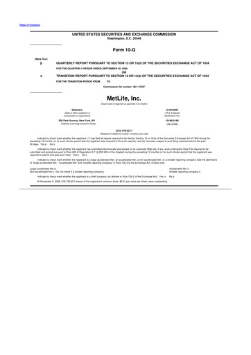 Thumbnail MetLife 10-Q Quarterly Report FY 