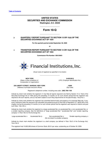Thumbnail Financial Institutions 10-Q Quarterly Report FY 