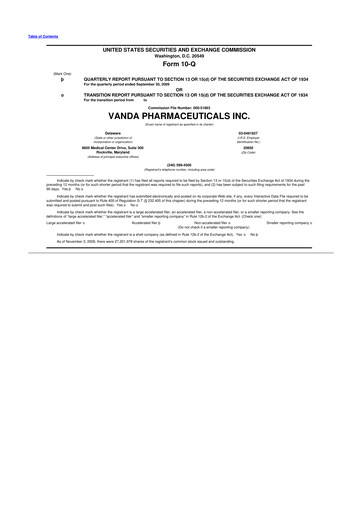Miniature Vanda Pharmaceuticals 10-Q Rapport trimestriel  