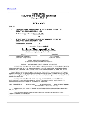 Vorschaubild Amicus Therapeutics
 10-Q Quartalsbericht  