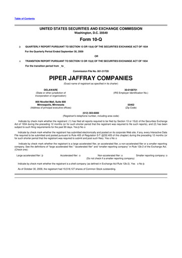 Miniature Piper Sandler
 10-Q Rapport trimestriel  