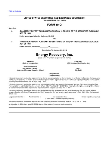 Thumbnail Energy Recovery
 10-Q Quarterly Report FY 