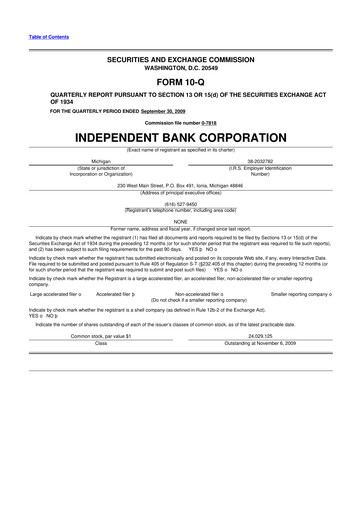Thumbnail Independent Bank Corporation 10-Q Quarterly Report FY 