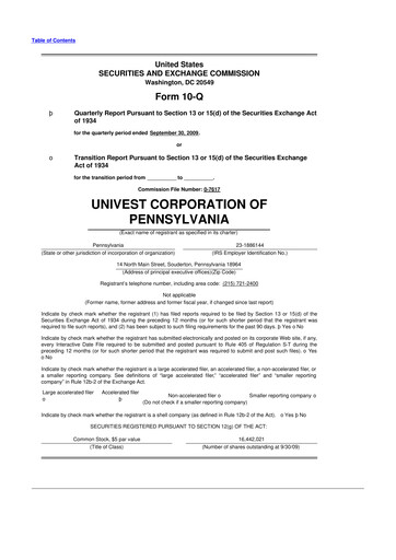 Thumbnail Univest Financial Corporation 10-Q Quarterly Report FY 