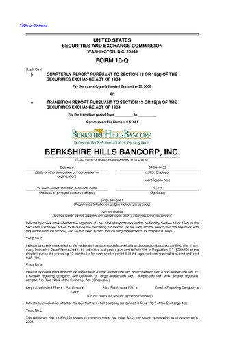 Thumbnail Berkshire Hills Bancorp 10-Q Quarterly Report FY 