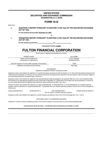 Thumbnail Fulton Financial 10-Q Quarterly Report FY 