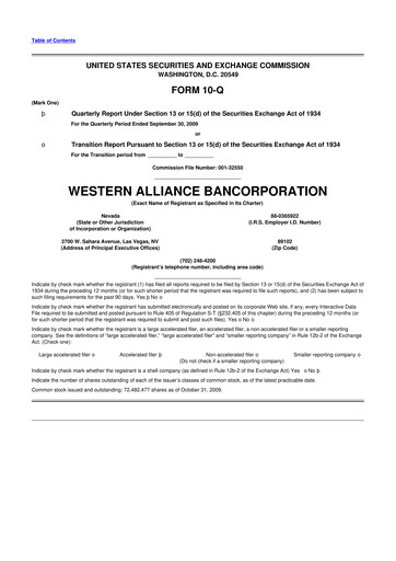 Thumbnail Western Alliance Bancorporation
 10-Q Quarterly Report FY 