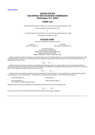 Thumbnail Plexus 10-Q Quarterly Report FY 