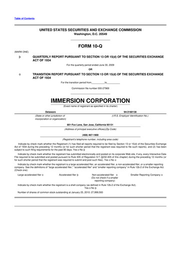 Miniature Immersion Corporation
 10-Q Rapport trimestriel  