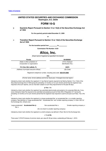 Thumbnail Alico
 10-Q Quarterly Report FY 