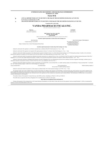 Thumbnail Vanda Pharmaceuticals 10-K Annual Report 