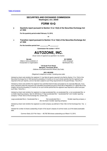 Miniature AutoZone 10-Q Rapport trimestriel 2010 