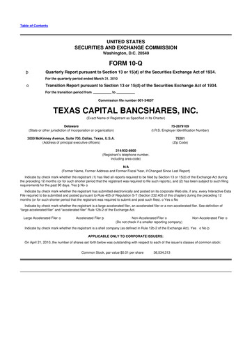 Thumbnail Texas Capital Bancshares 10-Q Quarterly Report FY 