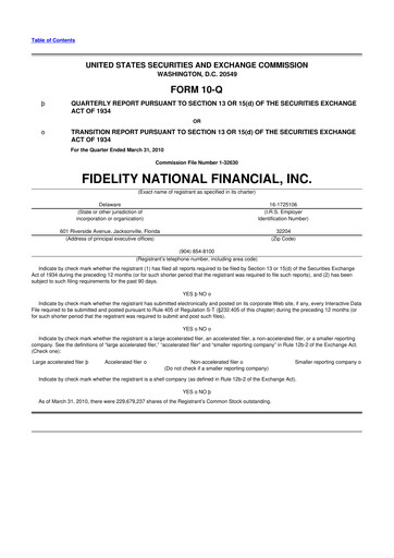Thumbnail Fidelity National Financial
 10-Q Quarterly Report FY 