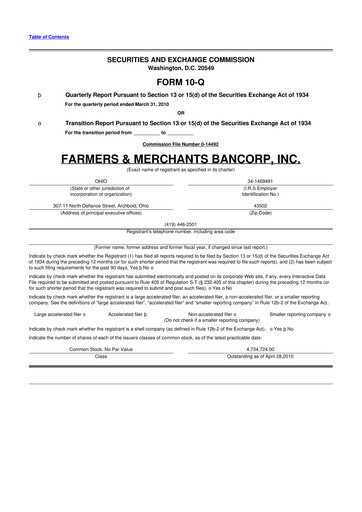 Thumbnail Farmers & Merchants Bancorp 10-Q Quarterly Report FY 