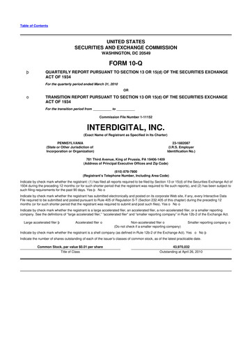 Miniature InterDigital
 10-Q Rapport trimestriel  