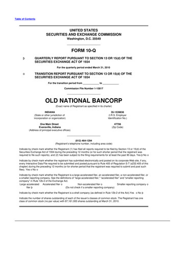 Thumbnail Old National Bank
 10-Q Quarterly Report FY 