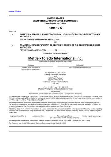 Thumbnail Mettler Toledo 10-Q Quarterly Report FY 