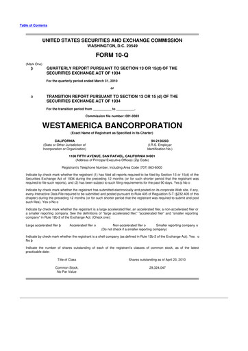 Thumbnail Westamerica Bancorporation
 10-Q Quarterly Report FY 