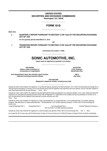 Thumbnail Sonic Automotive
 10-Q Quarterly Report FY 