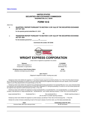 Thumbnail WEX 10-Q Quarterly Report FY 