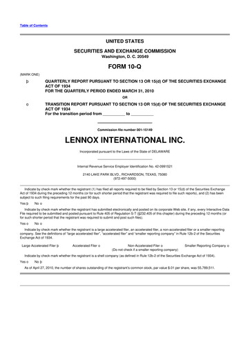 Miniature Lennox 10-Q Rapport trimestriel  
