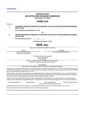 Miniature NVR 10-Q Rapport trimestriel  
