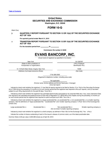 Thumbnail Evans Bancorp 10-Q Quarterly Report FY 