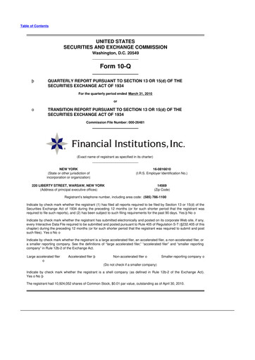 Thumbnail Financial Institutions 10-Q Quarterly Report FY 
