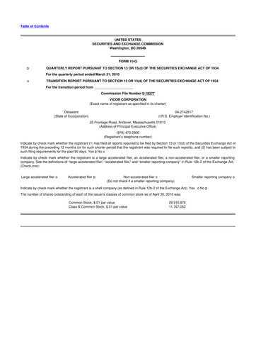 Miniature Vicor
 10-Q Rapport trimestriel  