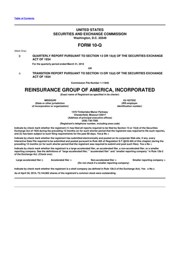 Miniature Reinsurance Group of America
 10-Q Rapport trimestriel  