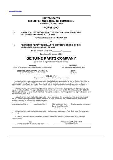 Thumbnail Genuine Parts Company
 10-Q Quarterly Report FY2010 