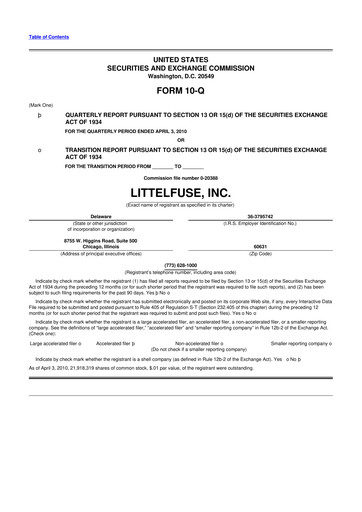 Miniature Littelfuse 10-Q Rapport trimestriel  