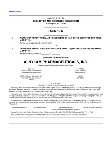 Thumbnail Alnylam Pharmaceuticals
 10-Q Quarterly Report FY 